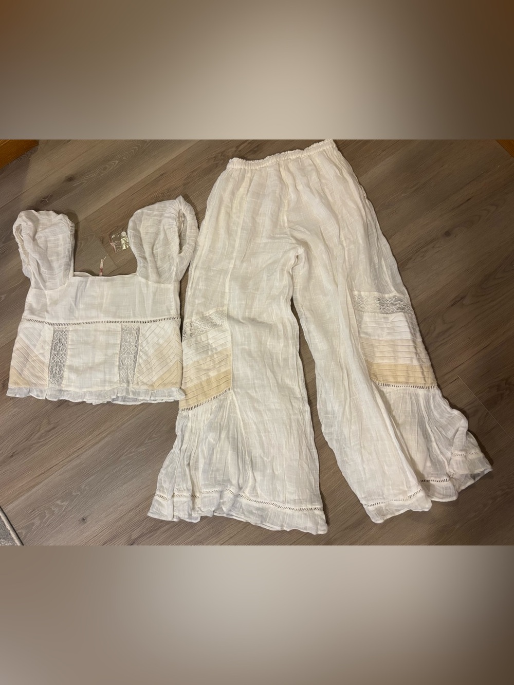 Free People Bali Alana Top & Wide Leg Pant Set White Crochet-Panel MSRP $298 - Picture 3 of 7